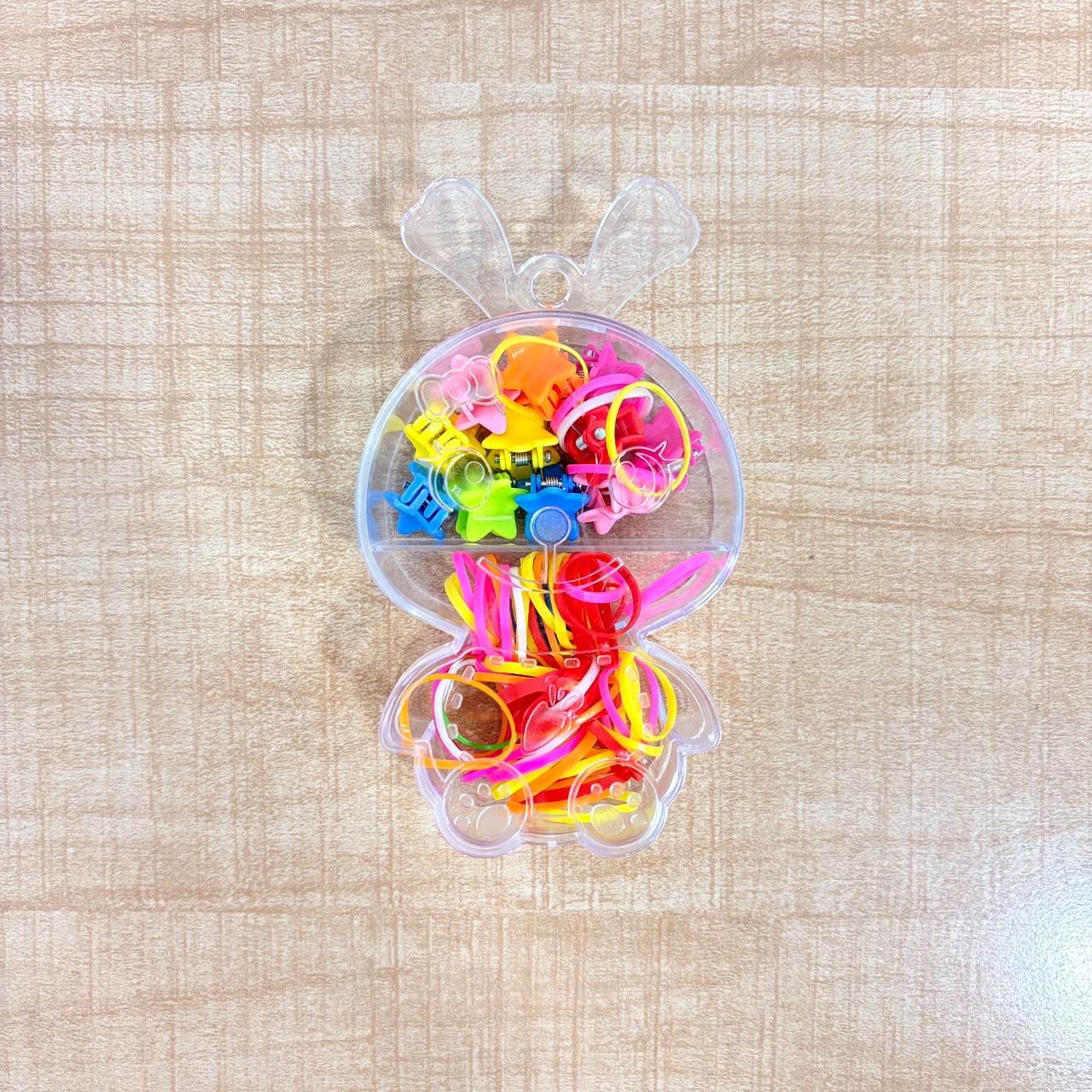 A06754 Cute Rabbit Box Hair Accessory Set for Kids – Mini Claw Clips & Elastic Bands