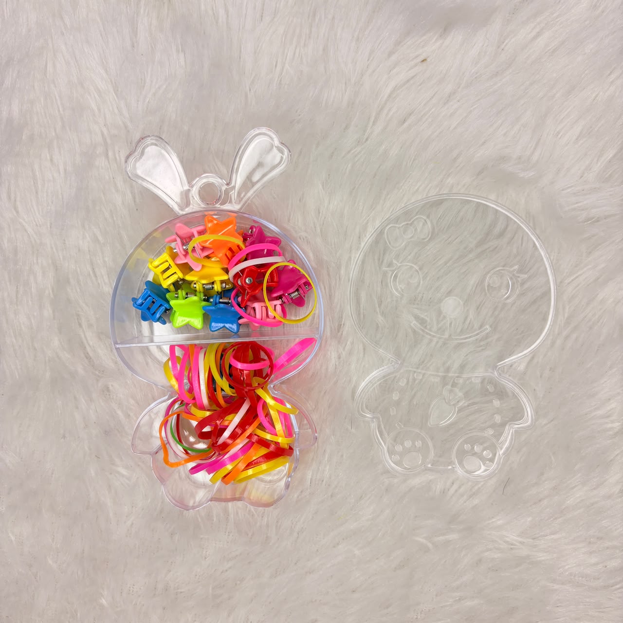A06754 Cute Rabbit Box Hair Accessory Set for Kids – Mini Claw Clips & Elastic Bands
