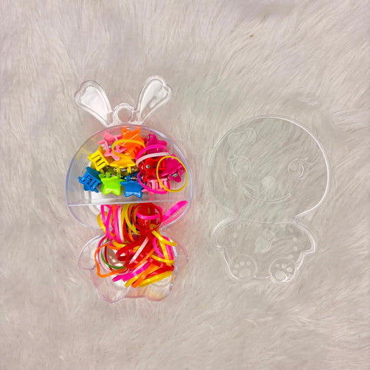 A06754 Cute Rabbit Box Hair Accessory Set for Kids – Mini Claw Clips & Elastic Bands