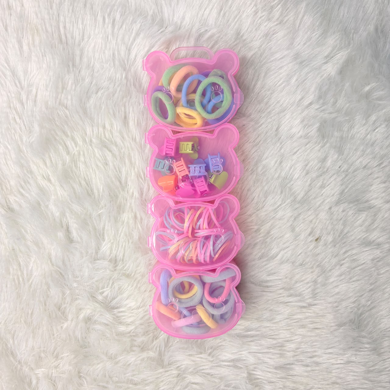 A06755 Multicolor Kids Hair Accessory Set in Bear-Shaped Storage Box – Hair Bands, Mini Claw Clips & Elastic Bands