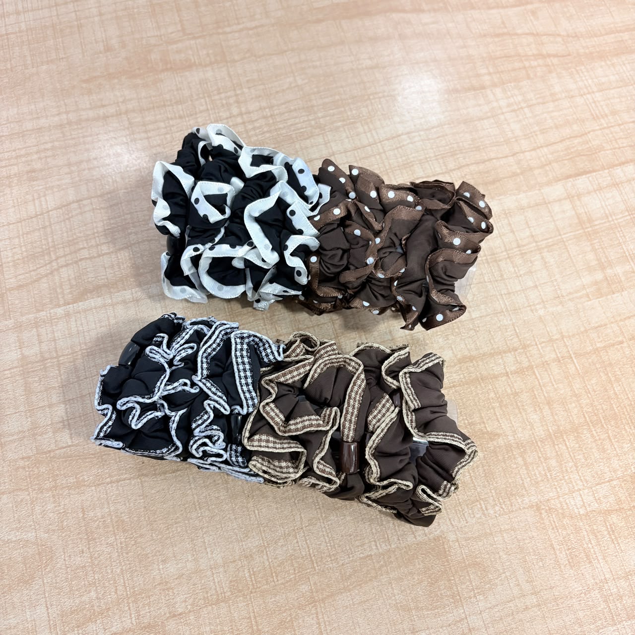 A06761 Polka Dot & Checked Ruffled Fabric Hair Scrunchie for Women & Girls