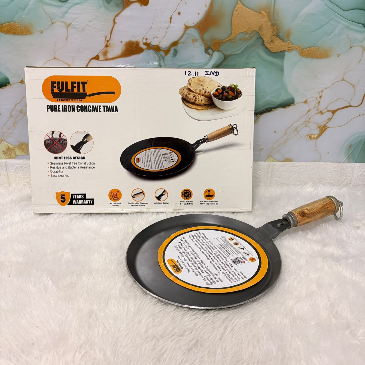 A06773 FULFIT Pure Iron Multi Tawa – 270 MM Pre-Seasoned Tawa with Wooden Handle & Jointless Design (1211 FULFIT)