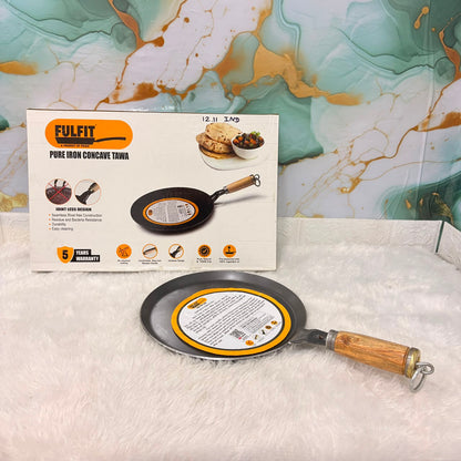 A06773 FULFIT Pure Iron Multi Tawa – 270 MM Pre-Seasoned Tawa with Wooden Handle & Jointless Design (1211 FULFIT)