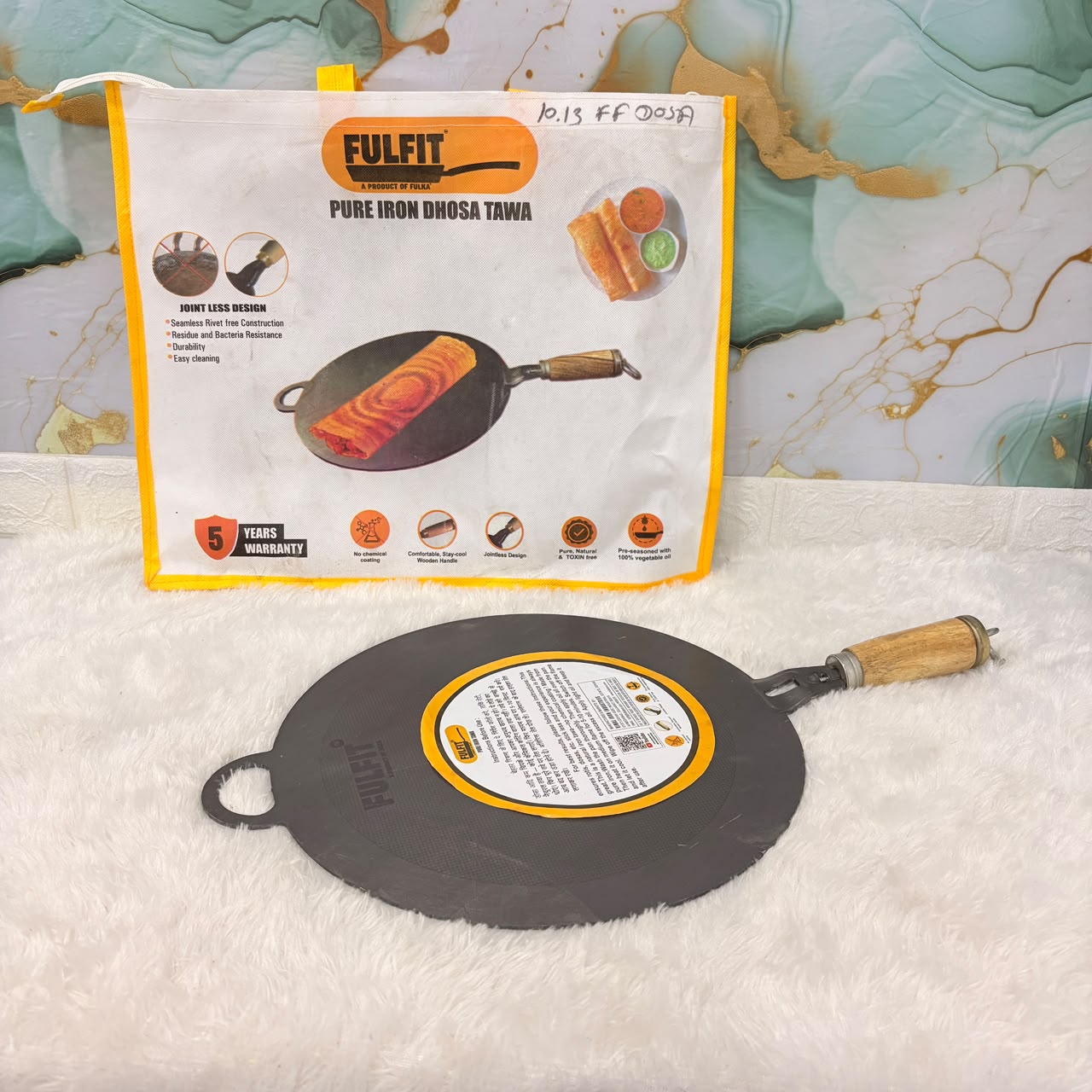 A06774 FULFIT Pure Iron Pre-Seasoned Dosa Tawa with Stay-Cool Wooden Handle (13 Inch, 3mm Thickness)