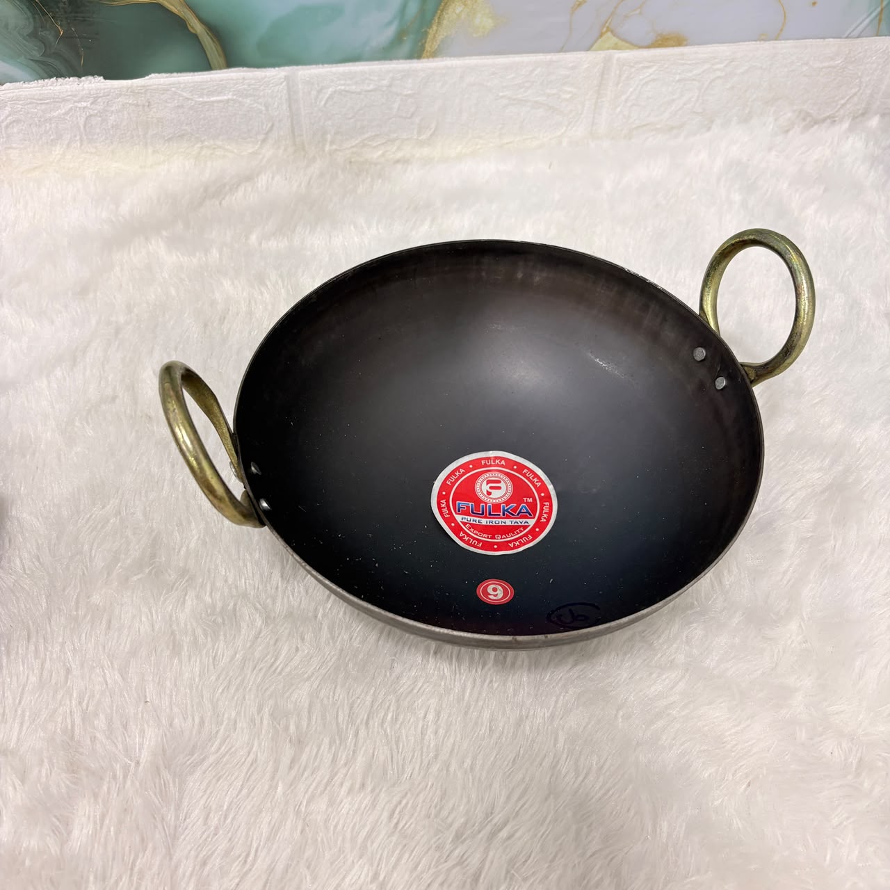 A06776 FULKA Pure Iron Heavy-Duty Kadai with Brass Handles – Size 9
