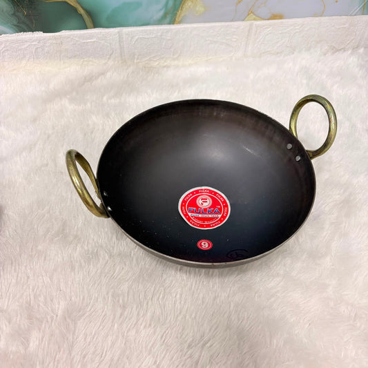 A06776 FULKA Pure Iron Heavy-Duty Kadai with Brass Handles – Size 9