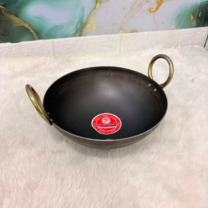 A06776 FULKA Pure Iron Heavy-Duty Kadai with Brass Handles – Size 9