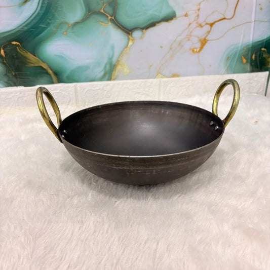 A06776 FULKA Pure Iron Heavy-Duty Kadai with Brass Handles – Size 9