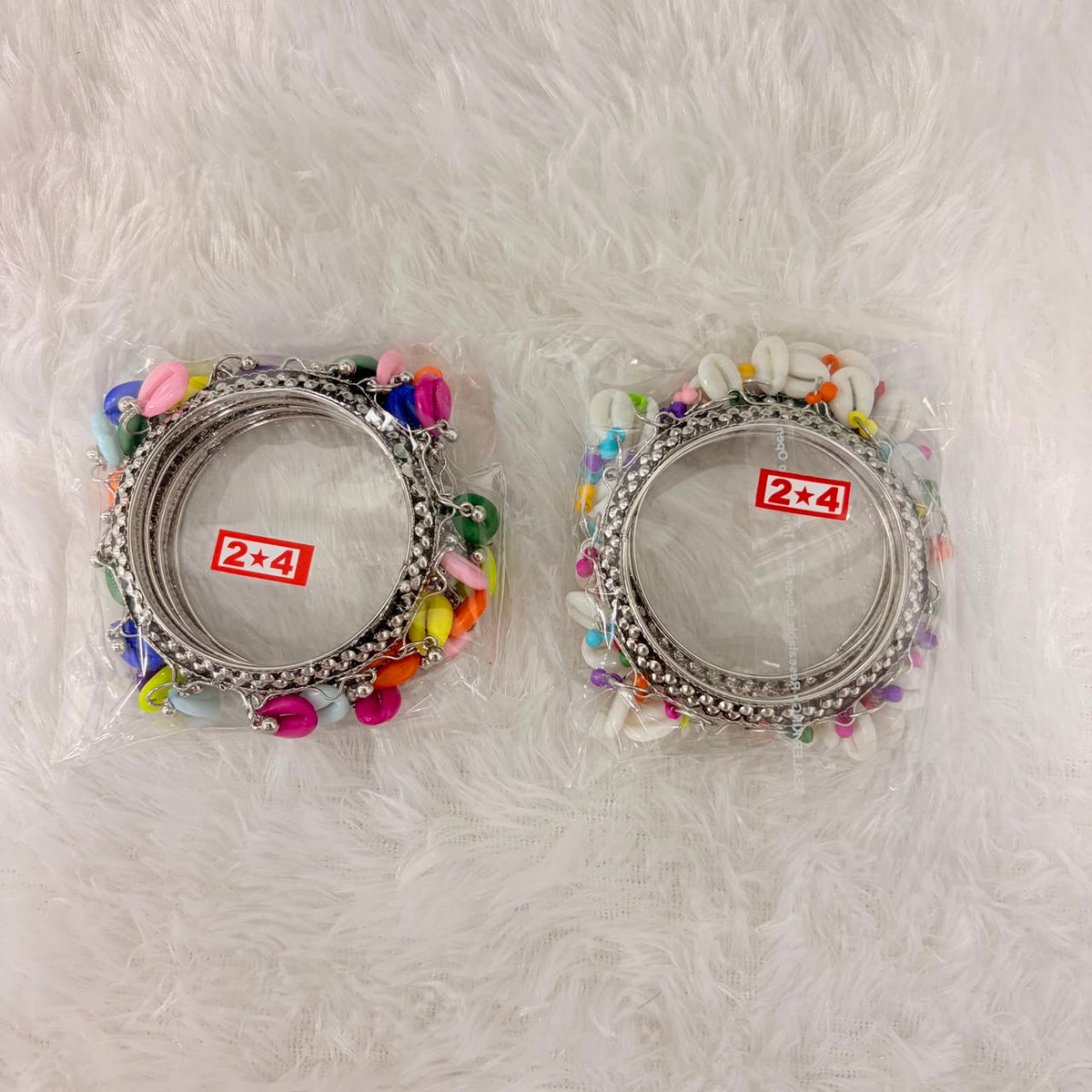 A06905 Oxidized Silver Multicolor Cowrie Shell Kada Bangles - 1 Pair (2 Bangles)