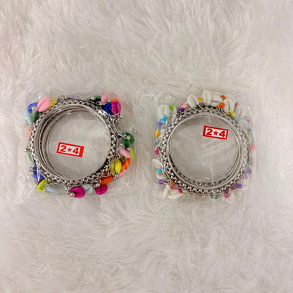 A06905 Oxidized Silver Multicolor Cowrie Shell Kada Bangles - 1 Pair (2 Bangles)