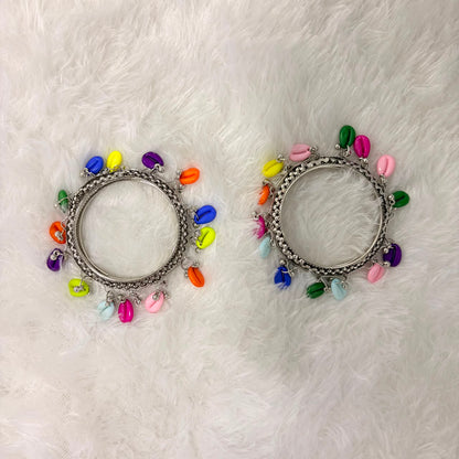 A06905 Oxidized Silver Multicolor Cowrie Shell Kada Bangles - 1 Pair (2 Bangles)