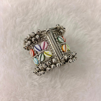 A06906 Oxidised Silver-Plated Multicolor Cowrie Shell & Ghungroo Broad Cuff Bangle