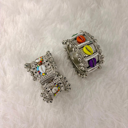 A06907 Oxidized Silver-Plated Boho Cuff Bangle with Colorful Shells & Ghungroo Bells
