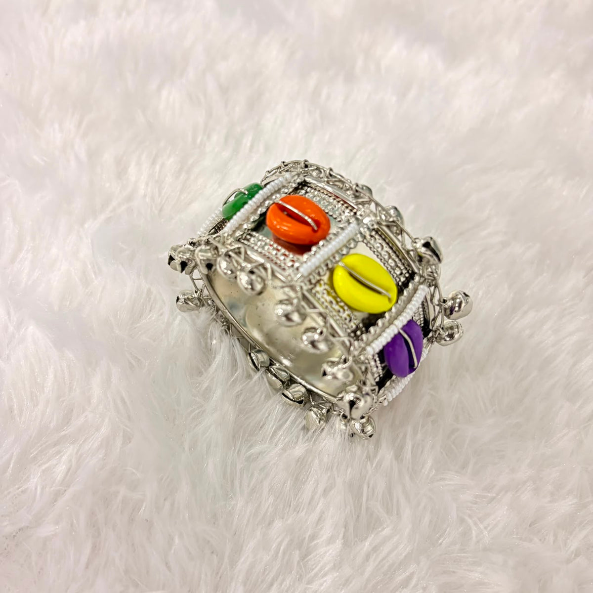 A06907 Oxidized Silver-Plated Boho Cuff Bangle with Colorful Shells & Ghungroo Bells