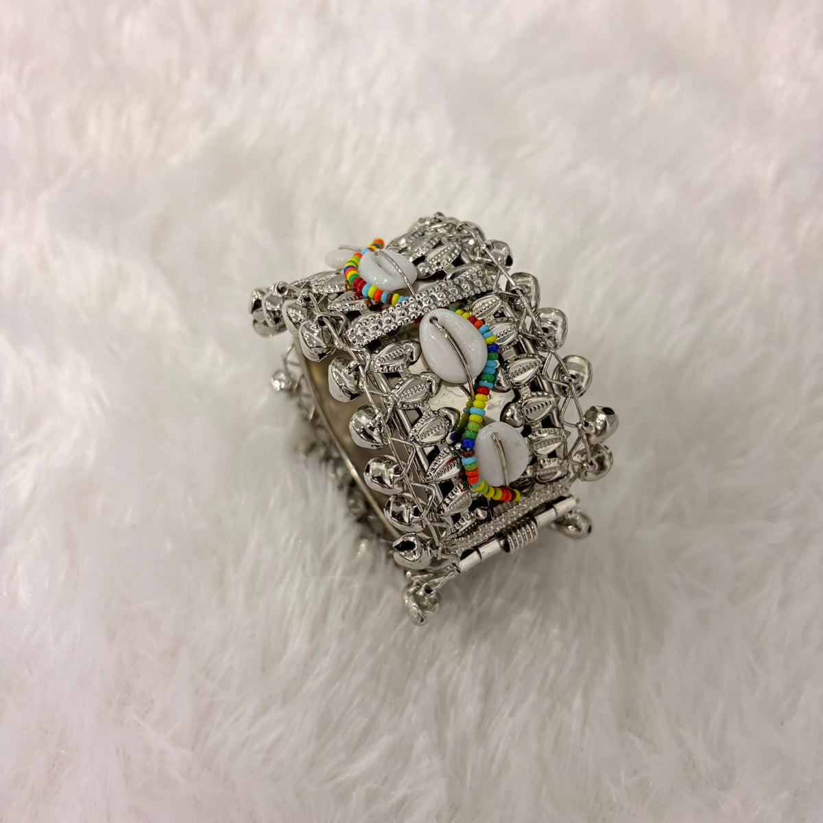 A06907 Oxidized Silver-Plated Boho Cuff Bangle with Colorful Shells & Ghungroo Bells