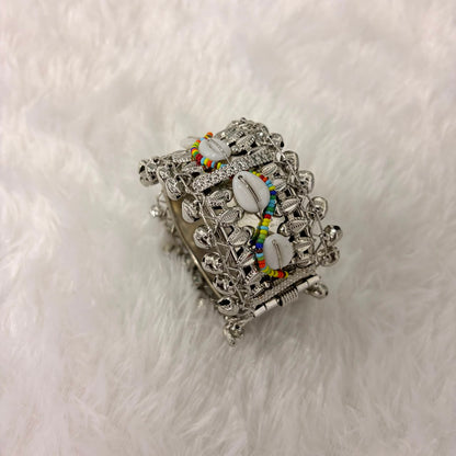 A06907 Oxidized Silver-Plated Boho Cuff Bangle with Colorful Shells & Ghungroo Bells