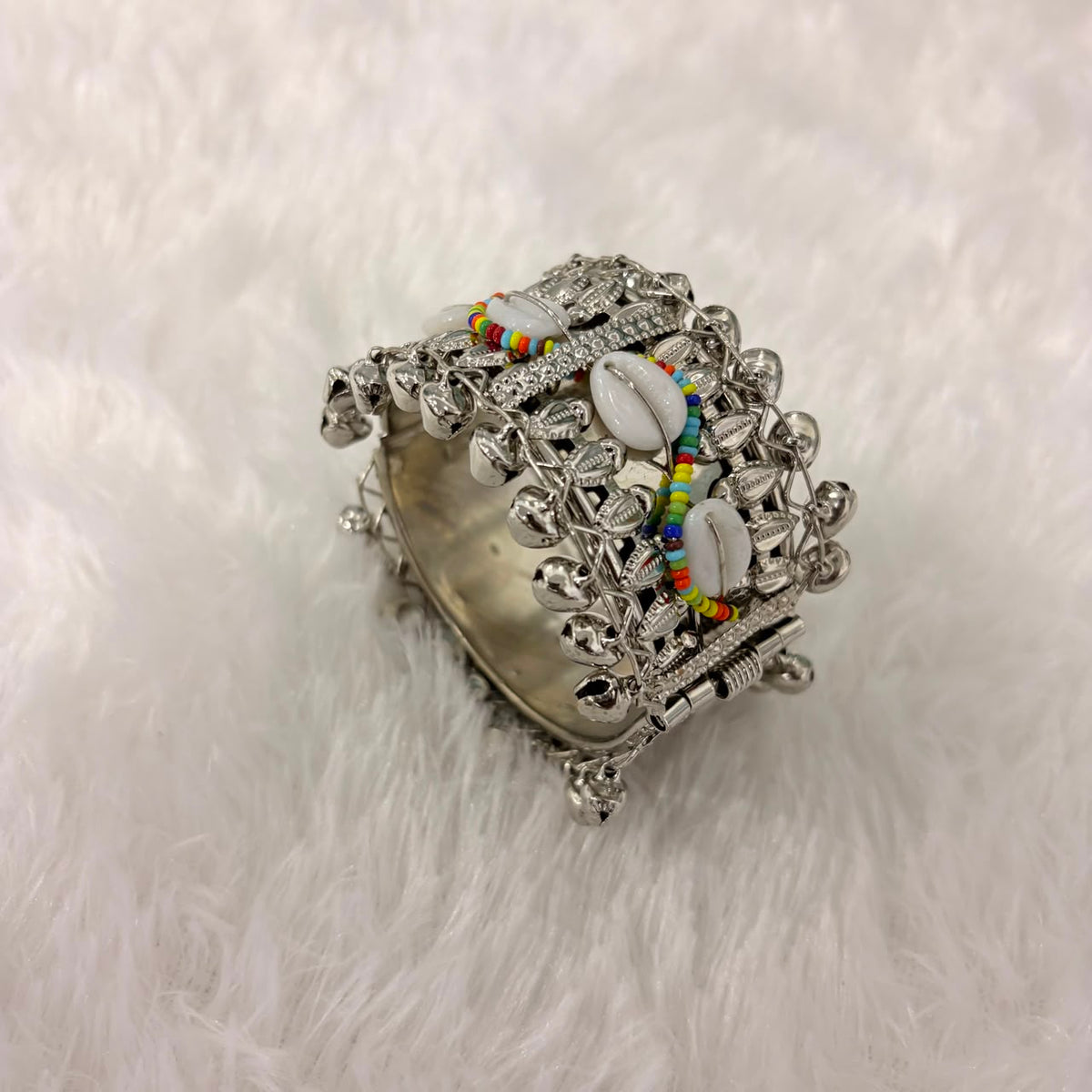A06907 Oxidized Silver-Plated Boho Cuff Bangle with Colorful Shells & Ghungroo Bells
