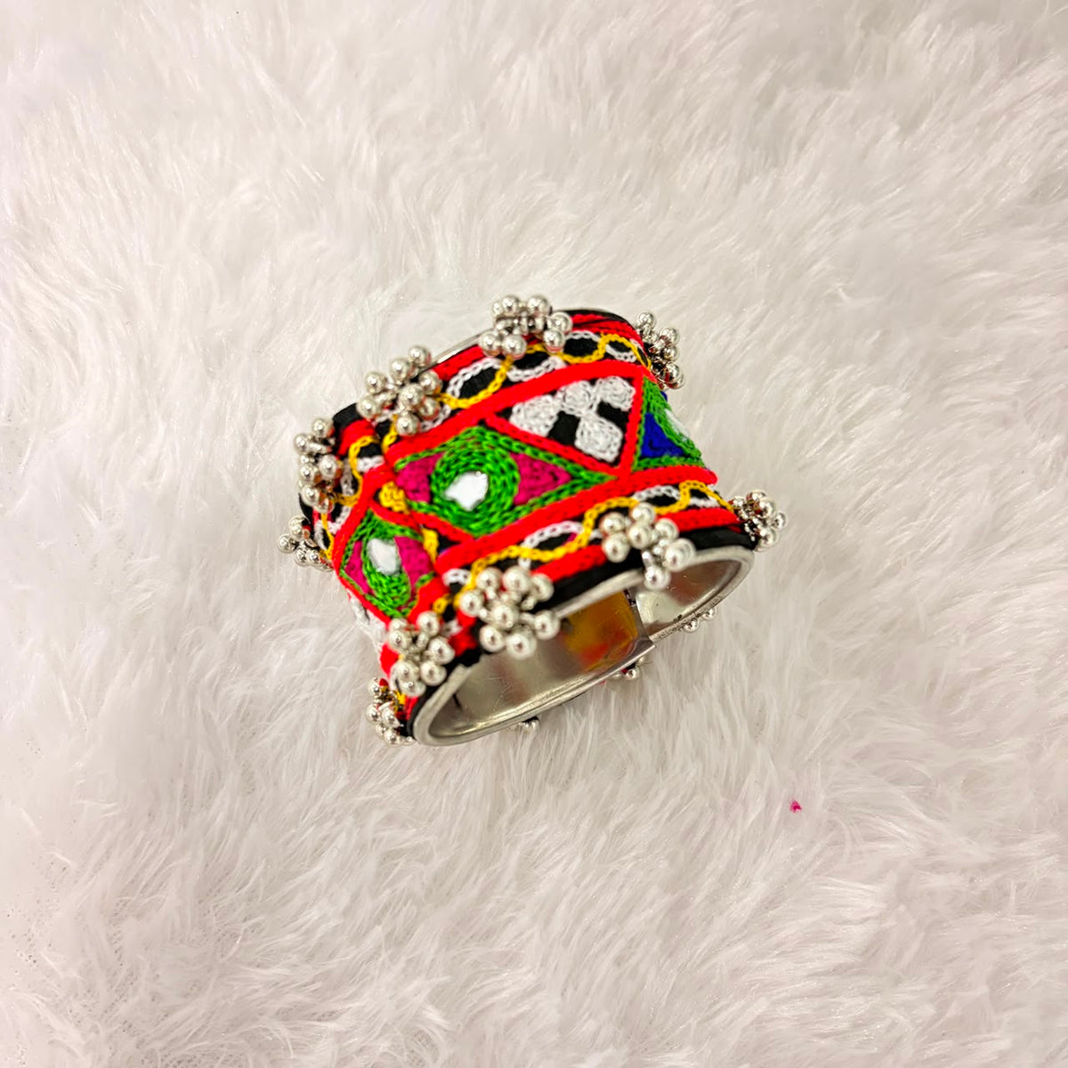 A06908 Handcrafted Kutchi Embroidered Broad Metal Cuff Bracelet with Mirror Work & Ghungroo