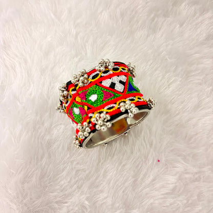 A06908 Handcrafted Kutchi Embroidered Broad Metal Cuff Bracelet with Mirror Work & Ghungroo