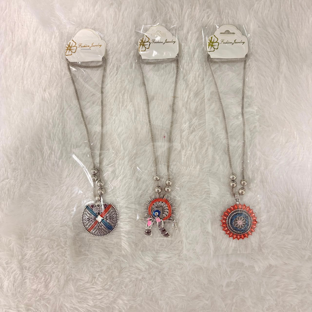A06909 Oxidised Silver Boho Pendant Necklace with Colorful Enamel Work for Women & Girls