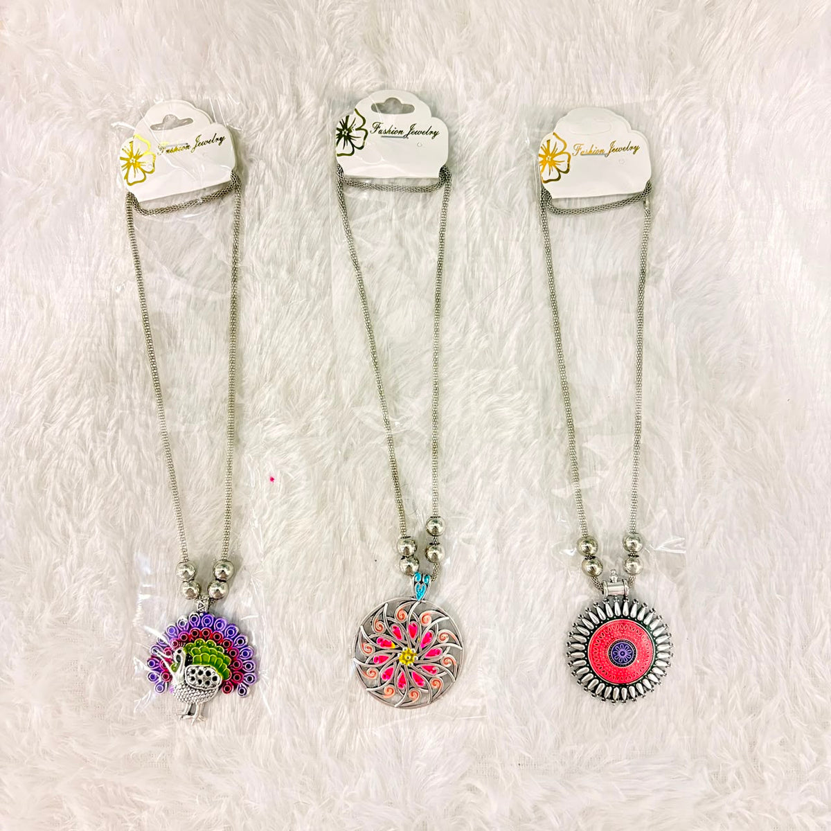 A06909 Oxidised Silver Boho Pendant Necklace with Colorful Enamel Work for Women & Girls