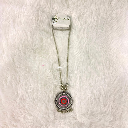A06910 Multicolor Oxidized Silver German Silver Style Round Mandala Pendant Long Chain Necklace