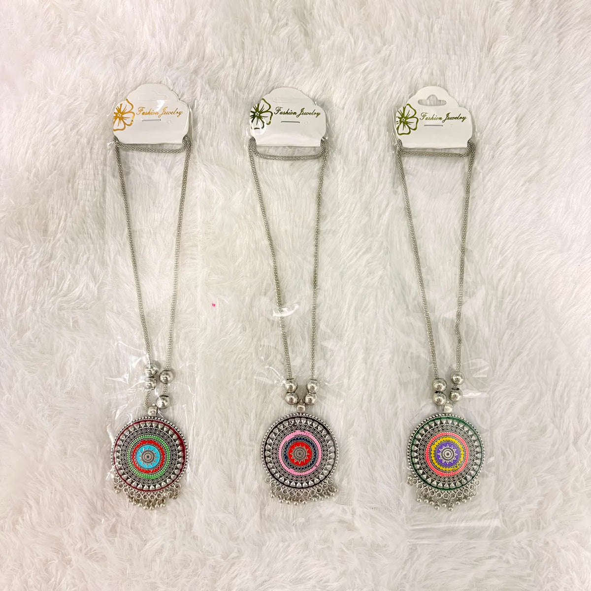 A06910 Multicolor Oxidized Silver German Silver Style Round Mandala Pendant Long Chain Necklace