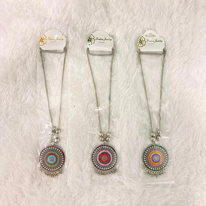 A06910 Multicolor Oxidized Silver German Silver Style Round Mandala Pendant Long Chain Necklace