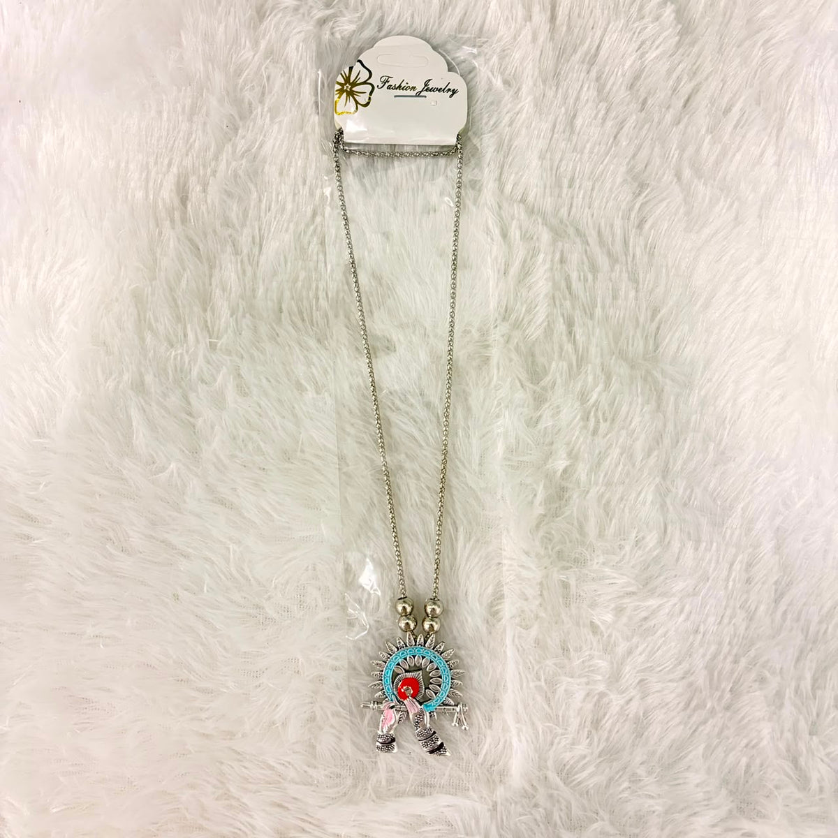 A06911 Ethnic Silver-Plated Oxidized Radha Krishna Flute Pendant Chain Necklace Set for Women & Girls