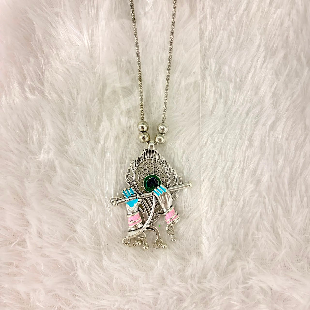 A06912 Oxidized Silver Lord Krishna Bansuri & Peacock Feather Pendant Chain Necklace