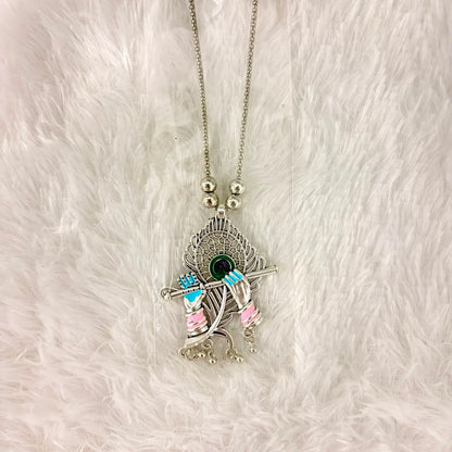 A06912 Oxidized Silver Lord Krishna Bansuri & Peacock Feather Pendant Chain Necklace