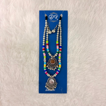 A06915 Oxidised Silver Multicolor Beaded Mirror Necklace Set with Matching Earrings