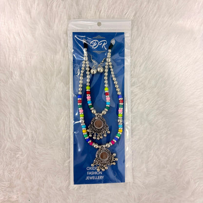 A06915 Oxidised Silver Multicolor Beaded Mirror Necklace Set with Matching Earrings
