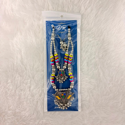 A06916 Oxidized Silver Multicolor Bohemian Jewellery Set with Earrings