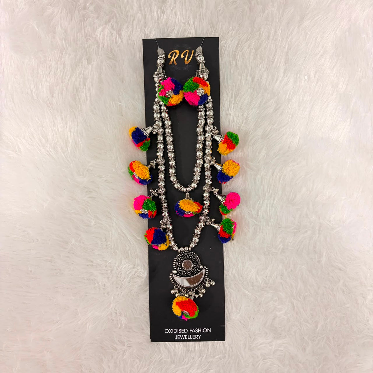 A06918 Multicolor Fabric Pom-Pom Oxidised Silver Mirror Work Boho Long Necklace Set for Women & Girls
