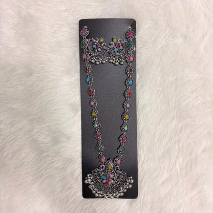 A06921 Traditional Oxidized Silver Multicolor Stone Long Necklace Set with Matching Earrings