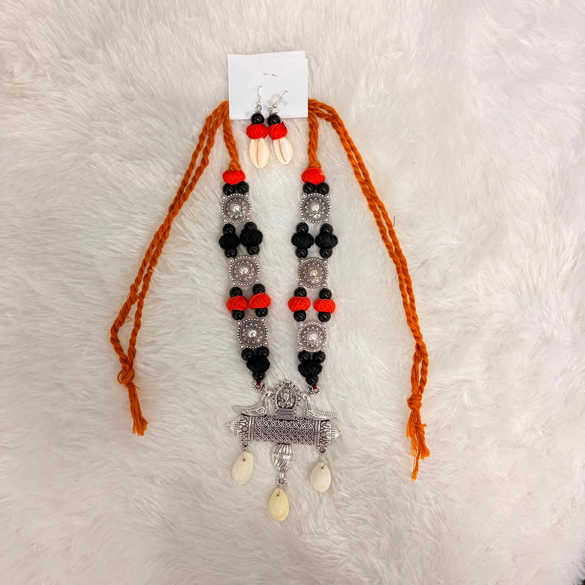 A06923 Ethno-Tribal Oxidized Silver Long Necklace & Earring Set with Cowrie Shell Drops