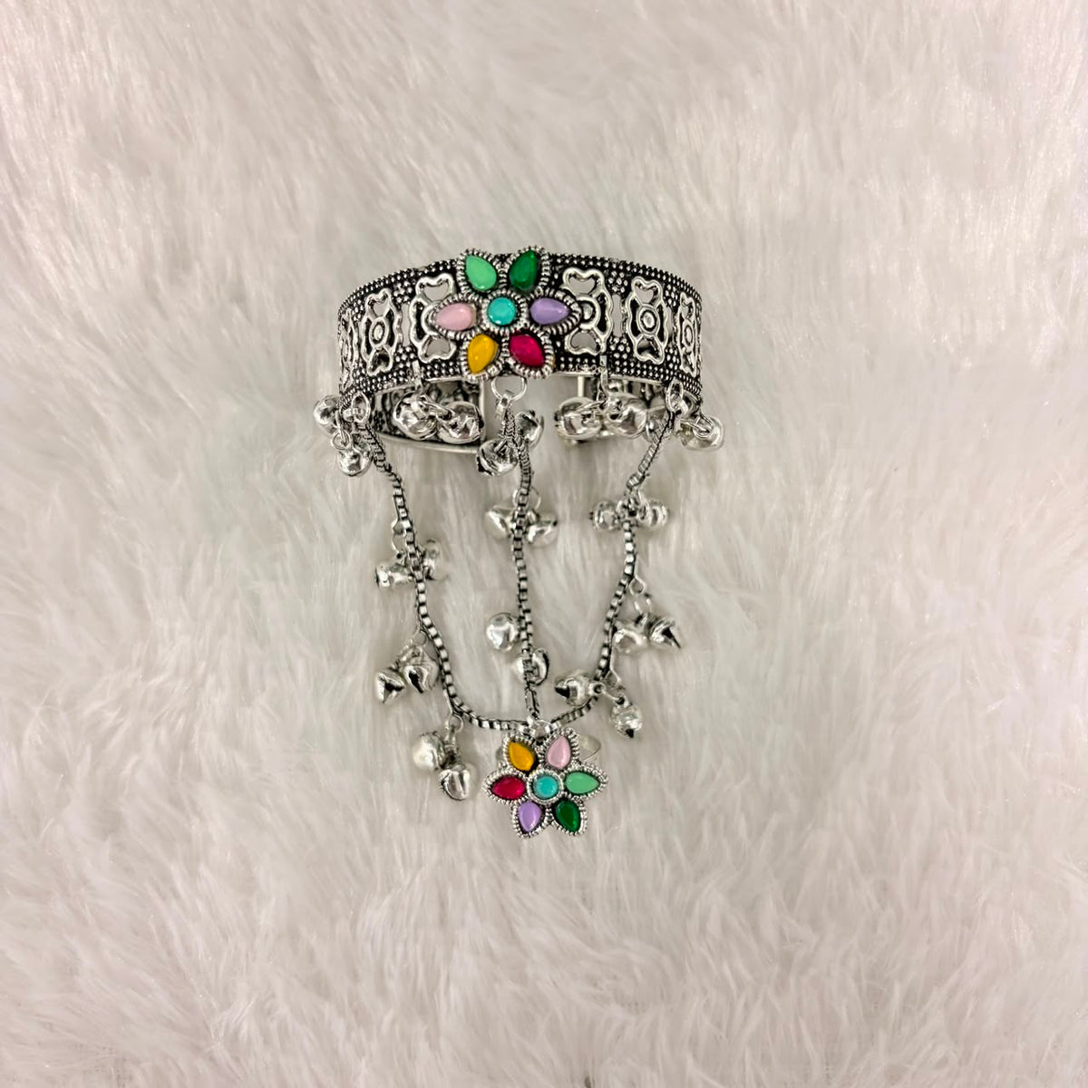 A06924 Oxidised Silver Multicolor Floral Haathphool Bracelet with Ring & Ghungroos