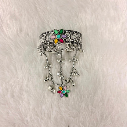 A06924 Oxidised Silver Multicolor Floral Haathphool Bracelet with Ring & Ghungroos