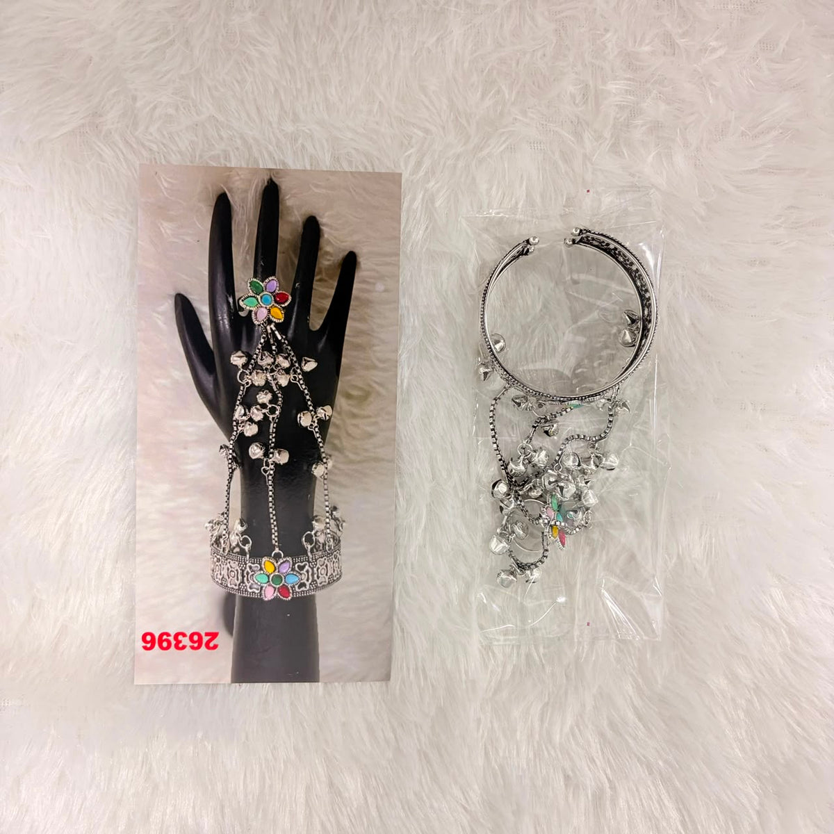 A06924 Oxidised Silver Multicolor Floral Haathphool Bracelet with Ring & Ghungroos