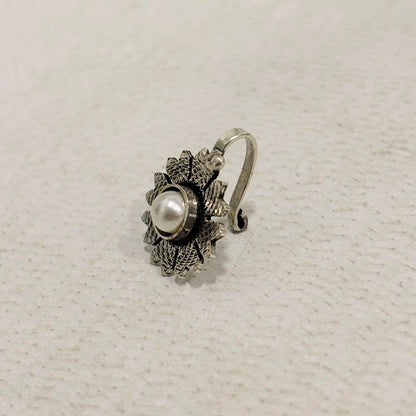 A06926 Traditional Silver Oxidized Floral Nose Pin with Multicolor Stones