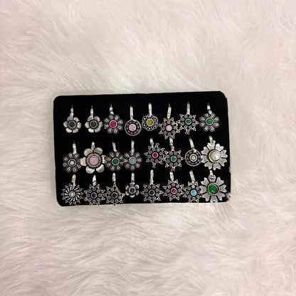 A06926 Traditional Silver Oxidized Floral Nose Pin with Multicolor Stones