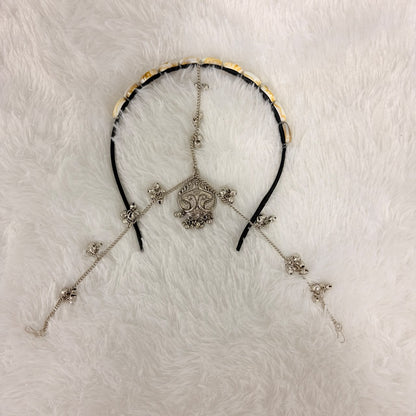 A06927 Oxidized Silver Cowrie Shell Hairband Damini with Peacock Motif & Ghungroos