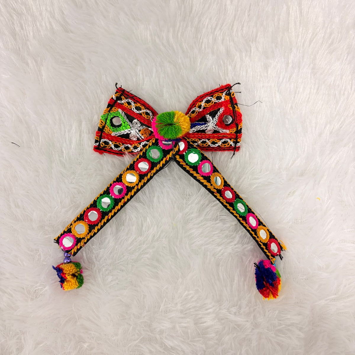 A06929 Handcrafted Kutchi Embroidery & Mirror Work Bow Hair Clip with Pom-Poms