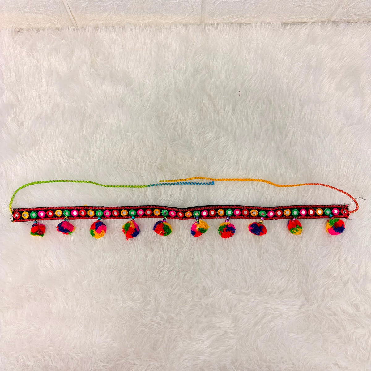 A06931 Traditional Embroidered Ethnic Waist Belt with Mirror Work & Colorful Pom-Poms for Festive & Navratri Wear