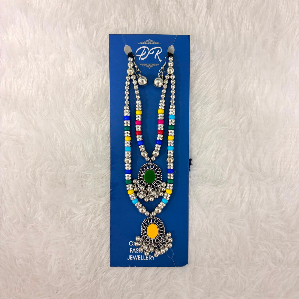 A06932 Oxidised Silver Multi-Color Beaded Double Layer Necklace Set with Earrings