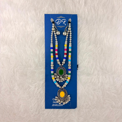 A06932 Oxidised Silver Multi-Color Beaded Double Layer Necklace Set with Earrings