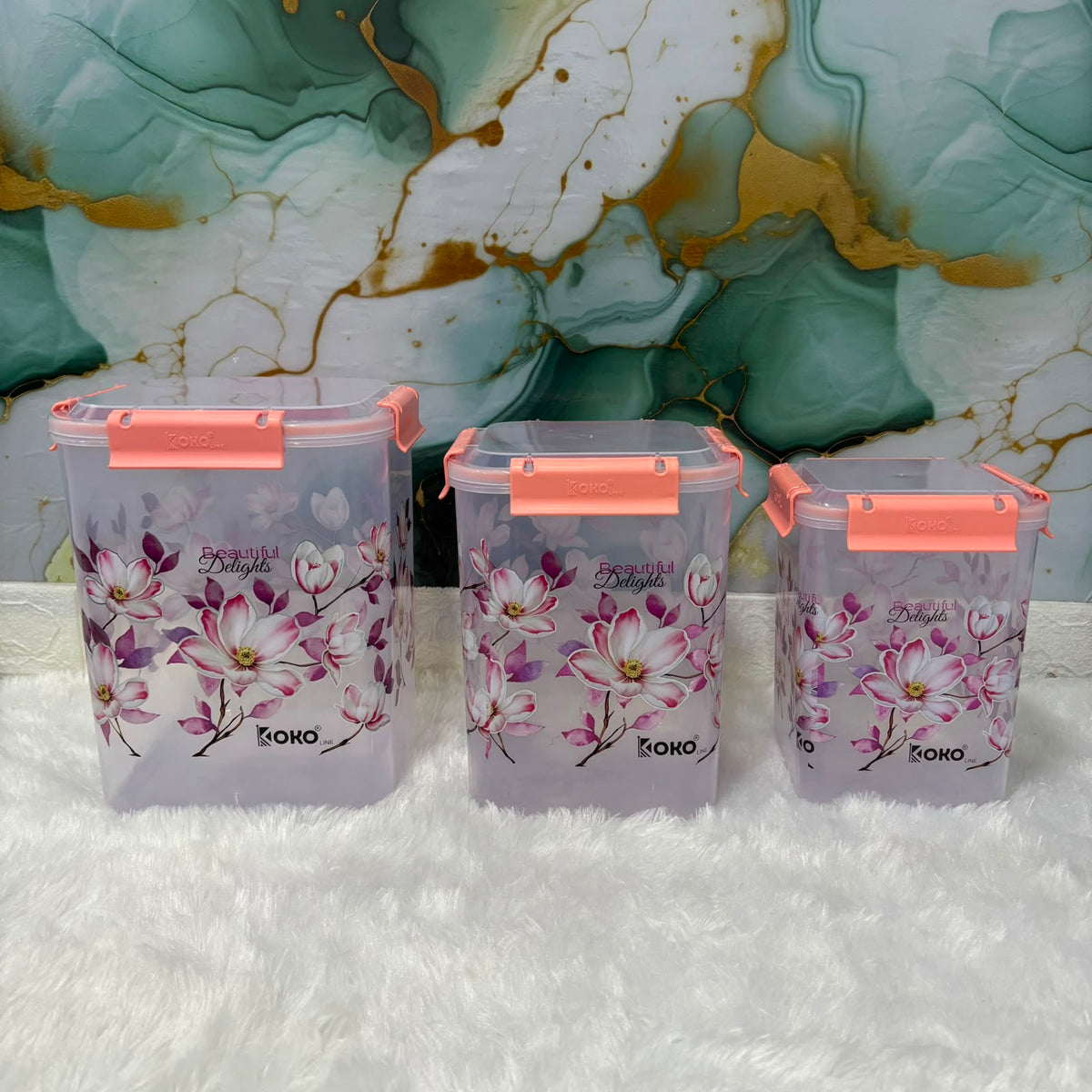 A06935 KOKO Line 3-Piece Floral Printed Square Airtight Lock Container Set
