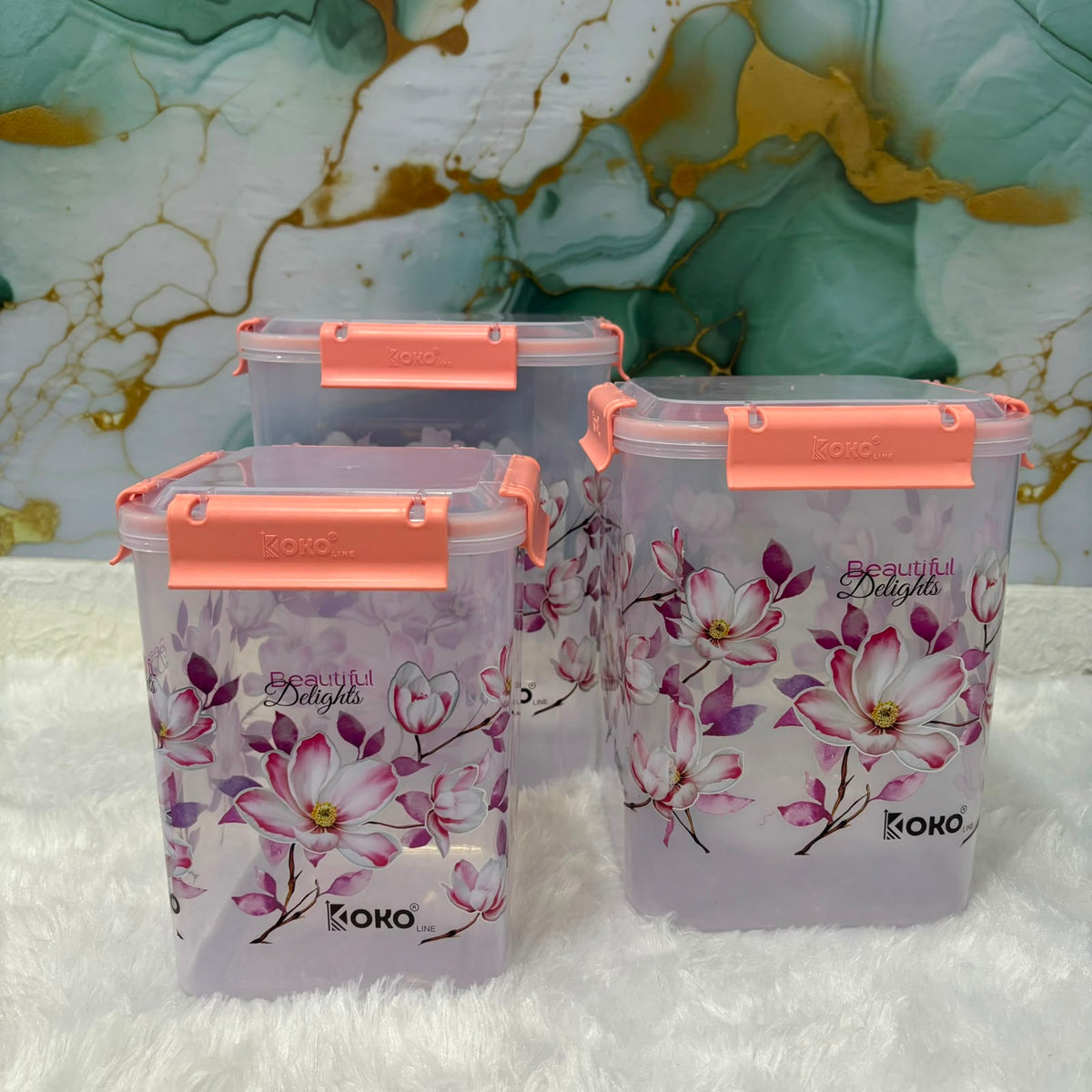 A06935 KOKO Line 3-Piece Floral Printed Square Airtight Lock Container Set