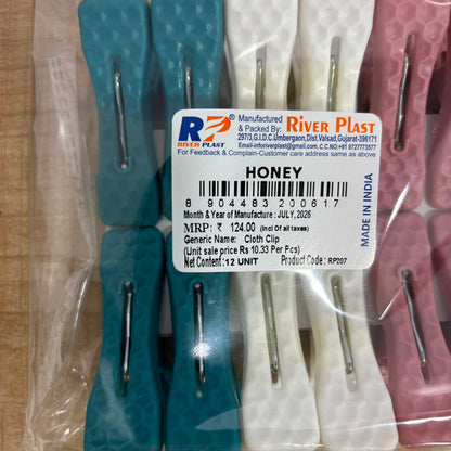 A06952 Honey Plastic Cloth Clips Set (Pack of 12, Multicolor)